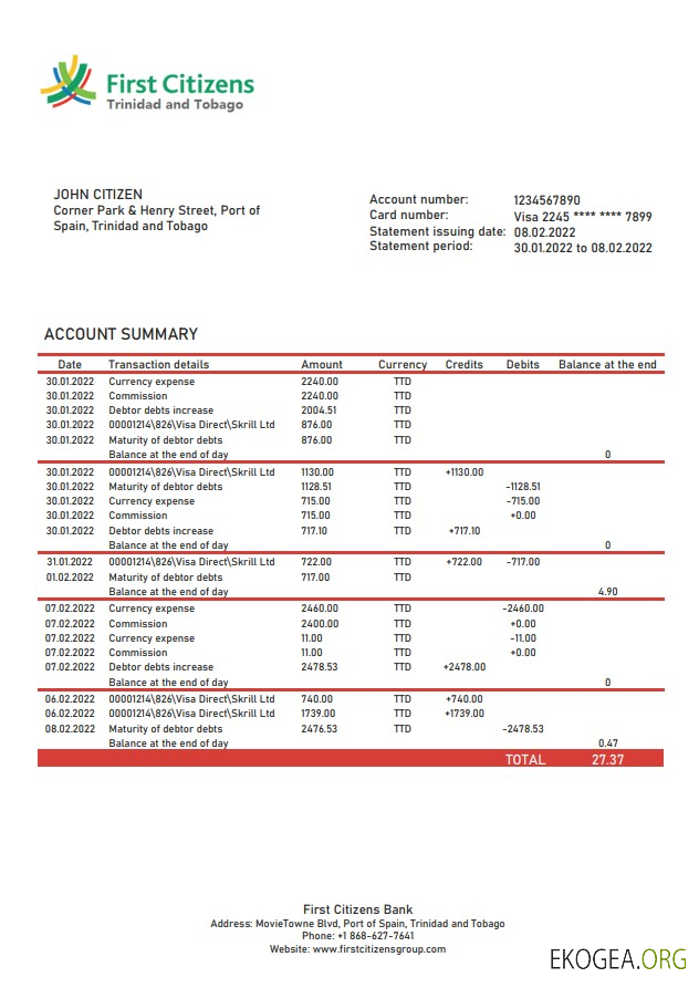 Relevé bancaire des premiers citoyens de Trinité et Tobago
